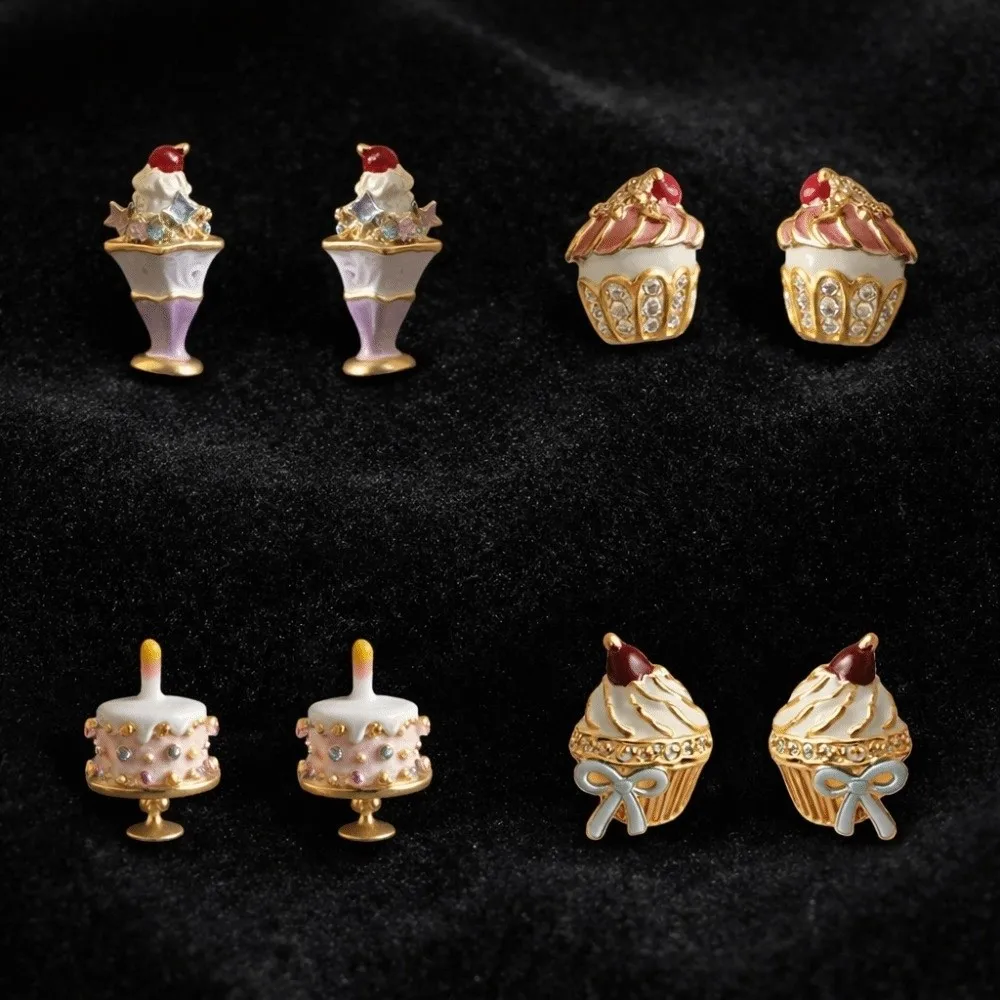 Fashionable Enamel Birthday Cake Stud Earrings Zircon Childishness Mousse Cake Earrings Sweet Y2K Ice Cream Ear Studs Gift