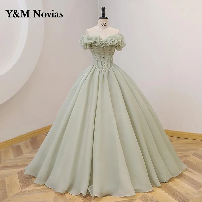 Y&m Novias Green Ball Gown Quinceanera Dresses Off Shoulder Vestido 15 Anos Plus Size Vintage Boat Neck For Party Prom Dress