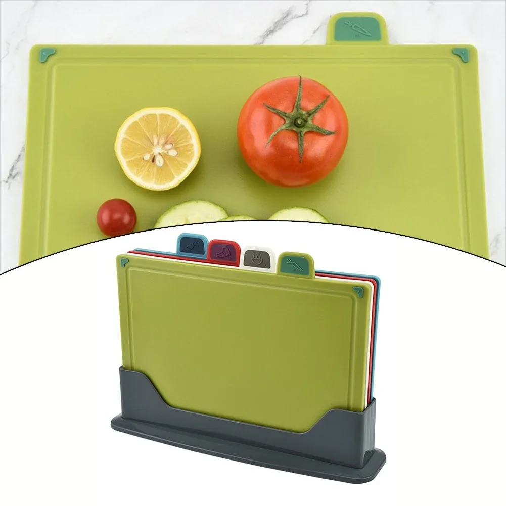 4Pcs Color-Coded Plastic Cutting Board Set With Storage Stand Thicker Chopping Board Set Slip-Resistant Design