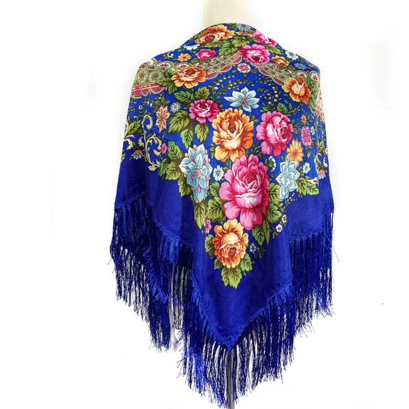 125cm Floral Printed Russian Shawl Retro National Ukraine Babushka Square Bandana Fringed Scarf Women's Headscarf Female Hijab