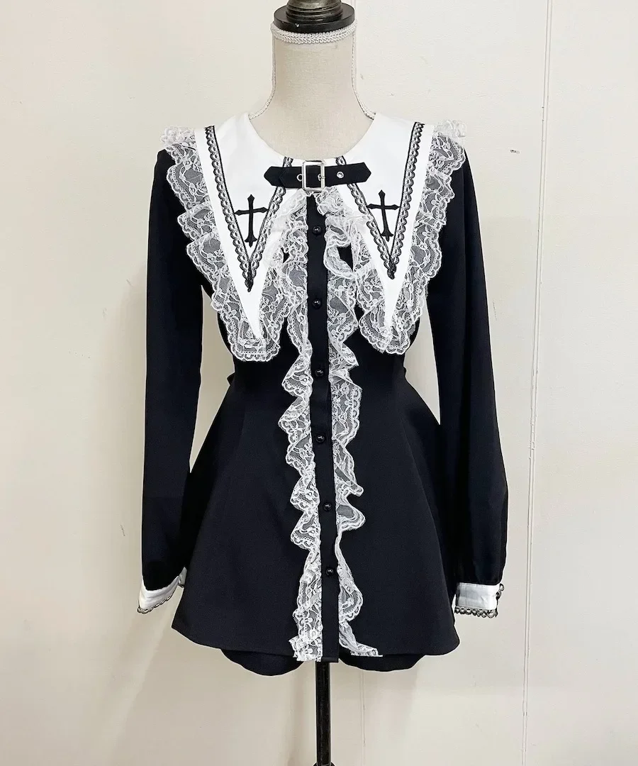 Japanese Style Cross Embroidered Long Sleeve Waist-Controlled Top Lapel Lace Stitching Striped Shirt Dress Shorts Two-Piece Sets