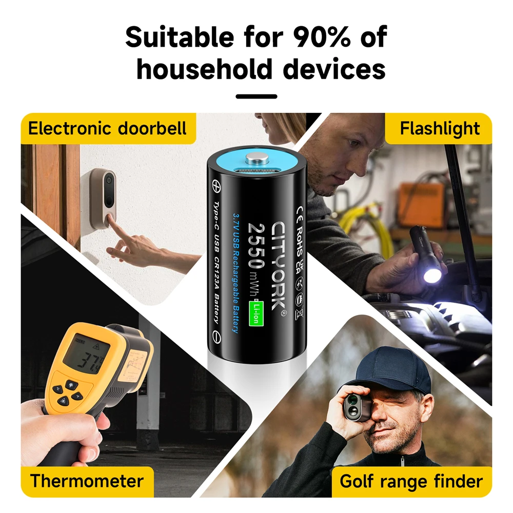 CITYORK 2550mWh 3.7V 16340 16350 بطارية قابلة للشحن USB شحن RCR123 CR123 CR123A بطاريات ليثيوم أيون مع كابل USB