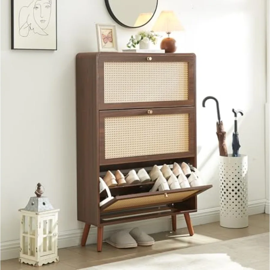Entryway rattan shoe storage cabinet with 3 flip doors, wooden narrow design, natural color, adjustable shelves and hidden free