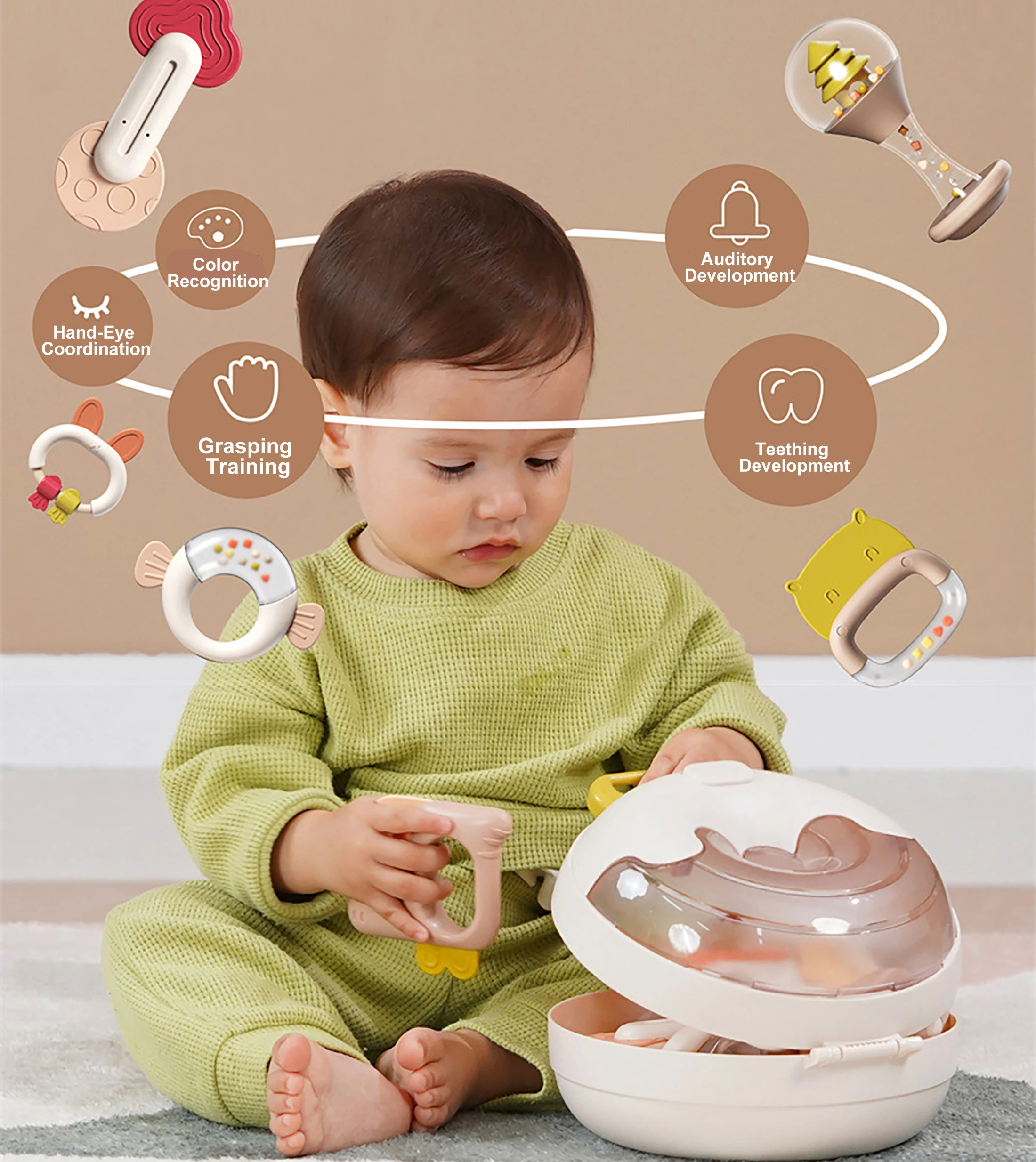 Recém-nascido pode mastigar molar fervido mordedor chocalho conjunto educação precoce mão chocalho infantil brinquedo calmante com caixa de armazenamento