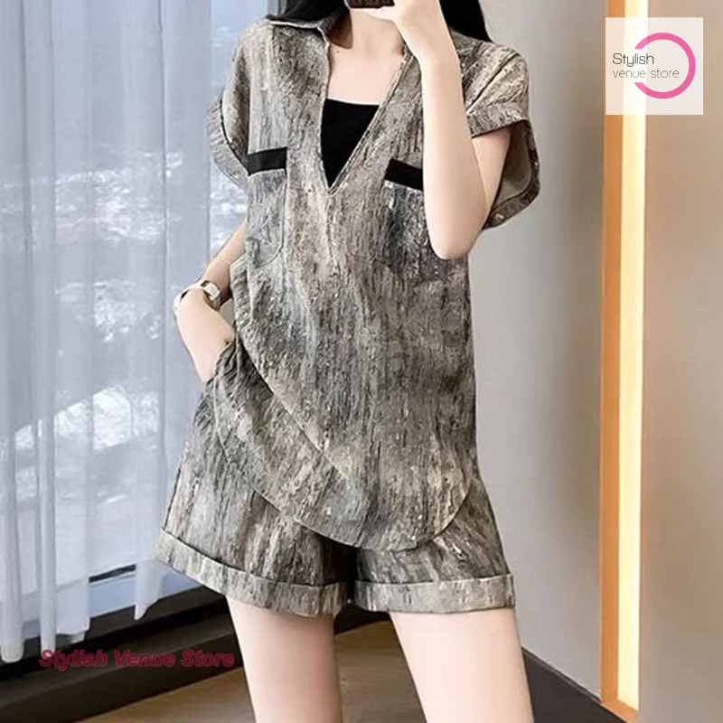 

Summer new short-sleeved blouse and shorts suit female French new fashion plus size loose women's double pocket two-piece suit