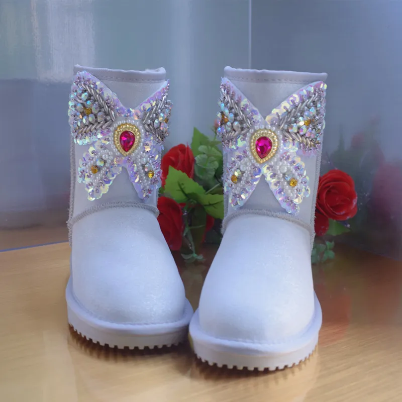 Bling Rhinestones Butterfly Beaded Women Snow Boots Warm Plush Fur Winter Shoes Ladies Mid-Calf Flat Booties