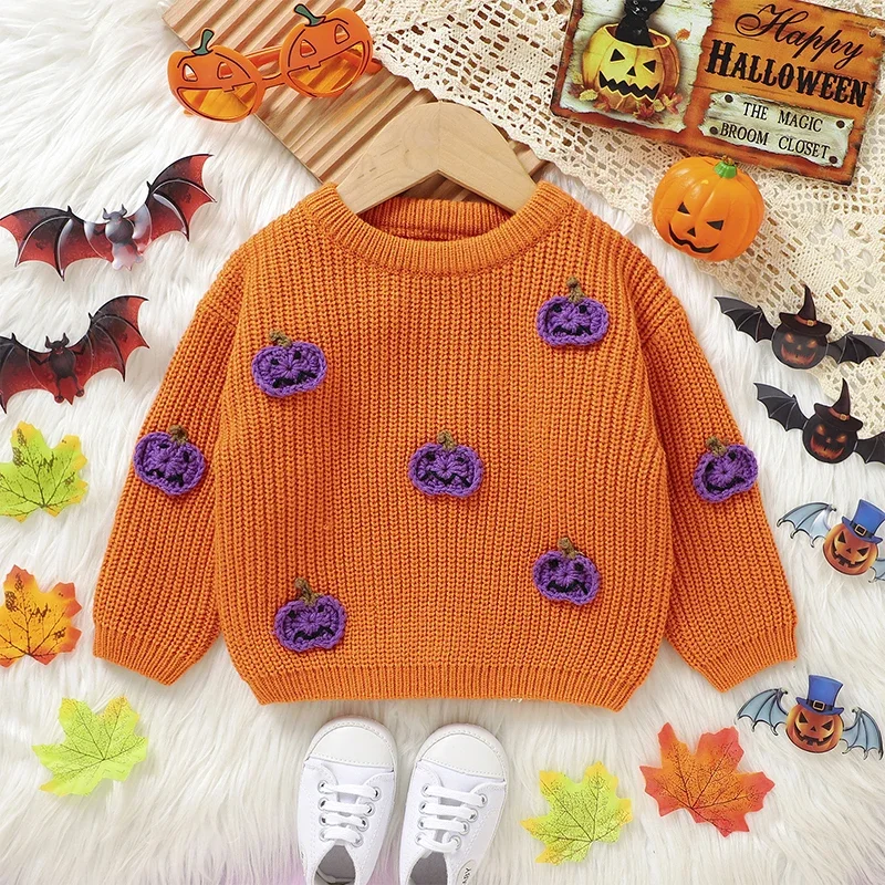 Toddler Boys Girls Warm Halloween Sweaters Long Sleeve Crew Neck Witch Pumpkin Warm Pullover Sweater Knitwear Tops