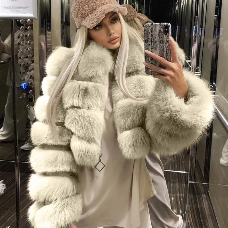 Faux Fur Coat Luxury High Quality Tailored Top Winter Warm Women Puffy Patchwork Faux Fox Fur Jacket Long-Sleeve Lapel Fur Coats