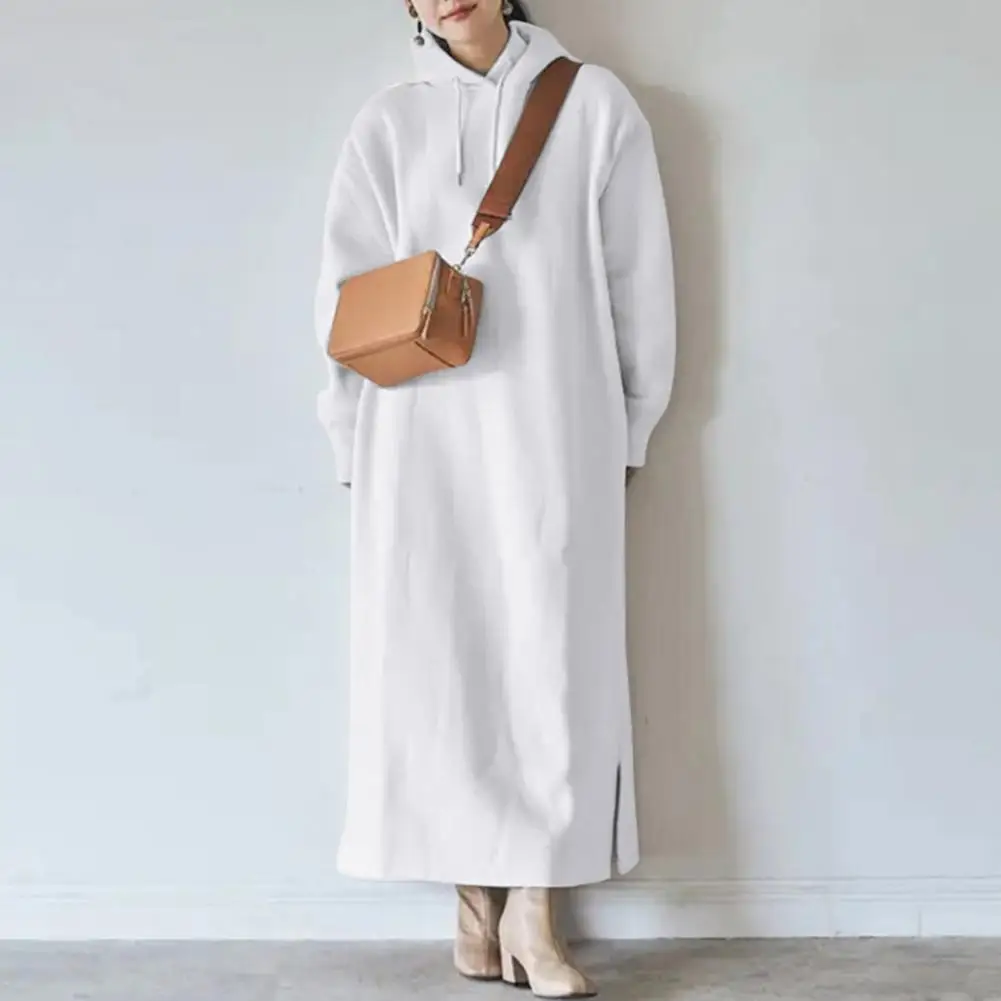 

Drawstring Split Hem Fleece Lining Sweatshirt Dress Loose Oversized Hooded Maxi Dress Winter Warm Hooded Sweatshirt Long Dress