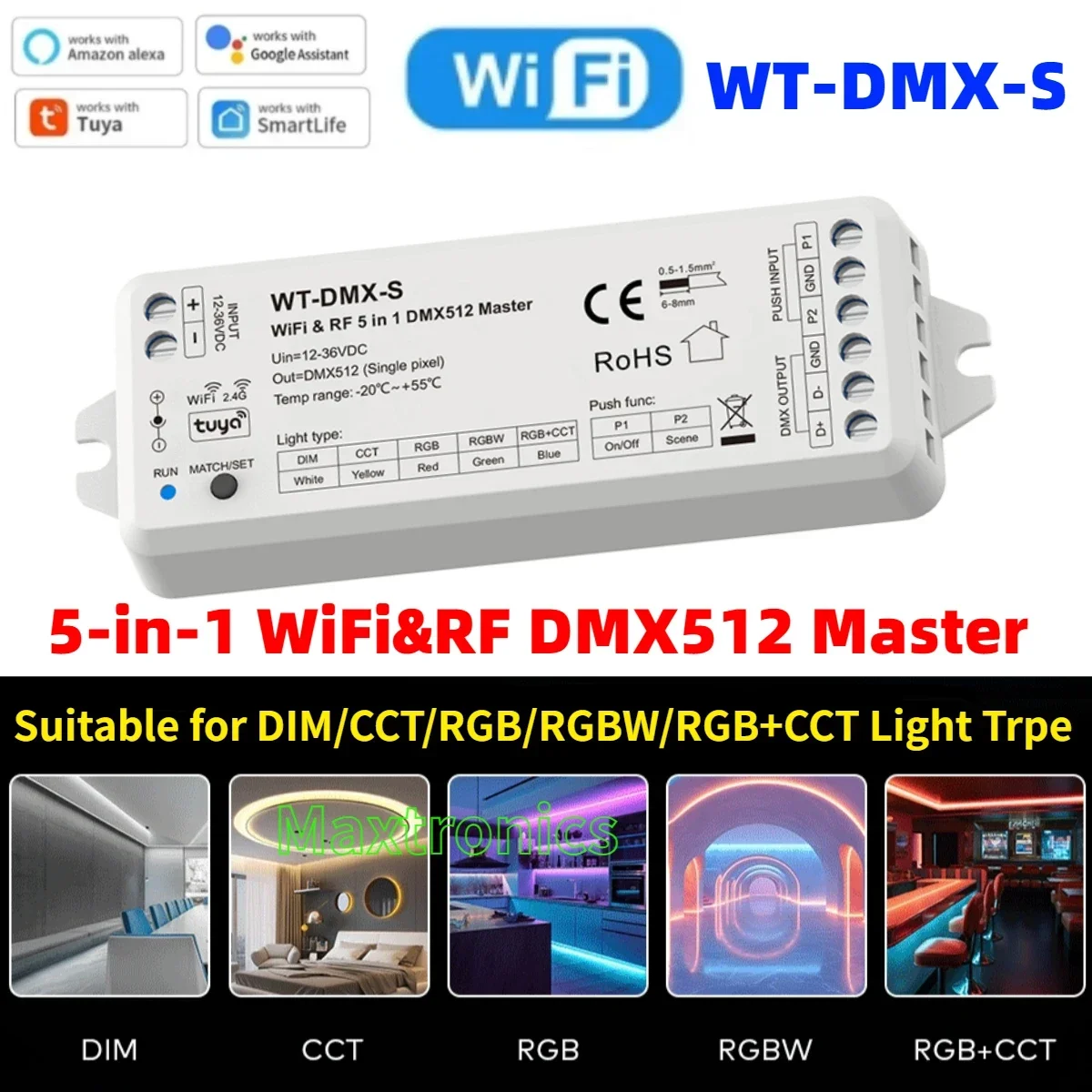 5CH 5-in-1 WiFi&RF DMX512 Master 12-36V TUYA APP Control WT-DMX-S DMX Signal Output For Single Color RGB RGB+CCT RGBW LED Light