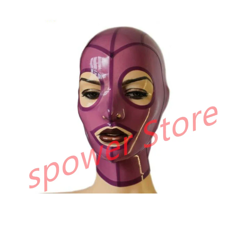 

Natural Latex Full Head Latex Hoods Rubber Mask Fetish Cosplay Costumes Transparent Purple Back Zip Club Wear
