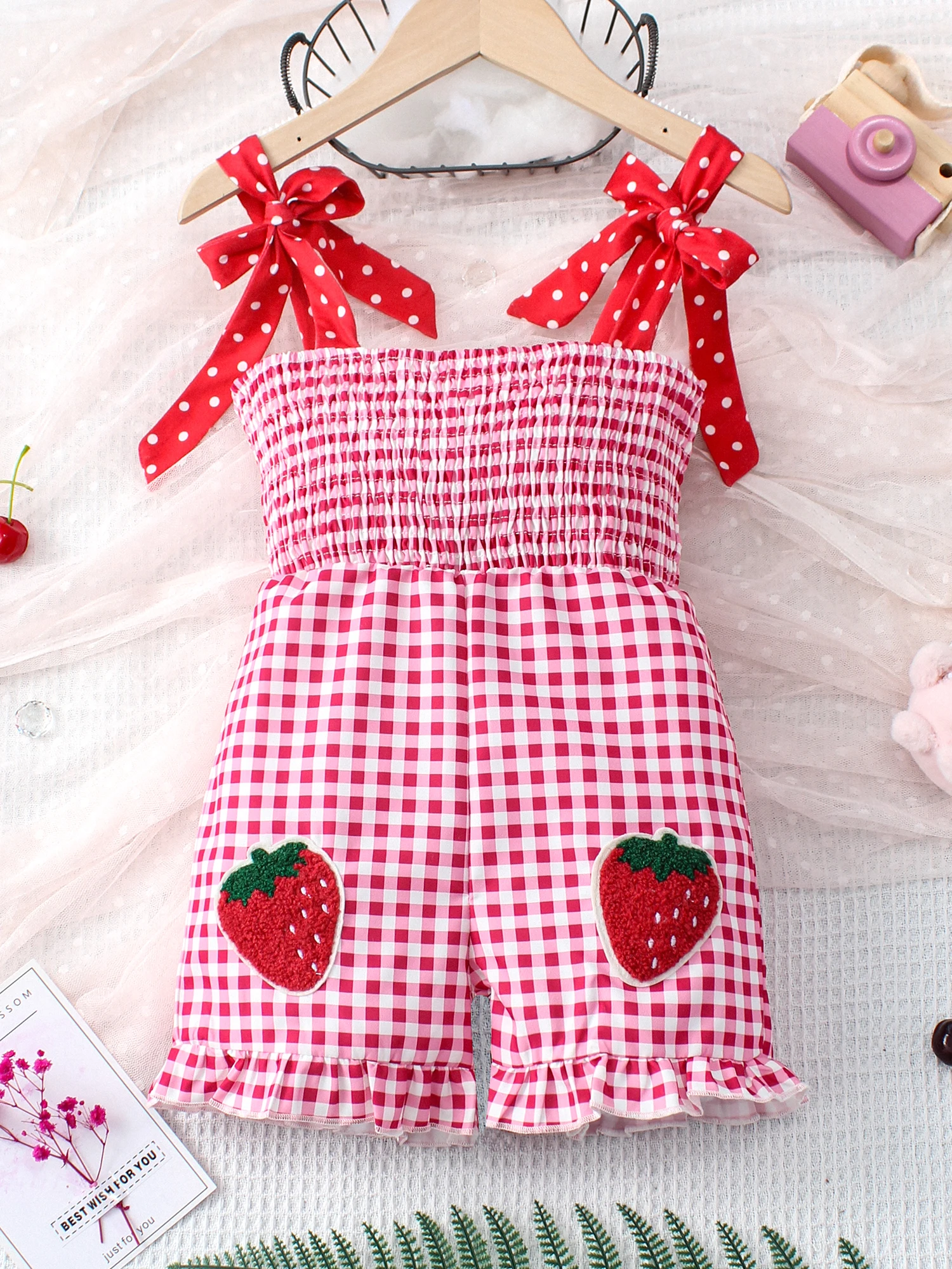 1PCS Summer Girl Sling jumpsuit Fashion plaid red embroidered strawberry pattern cute and playful girl baby