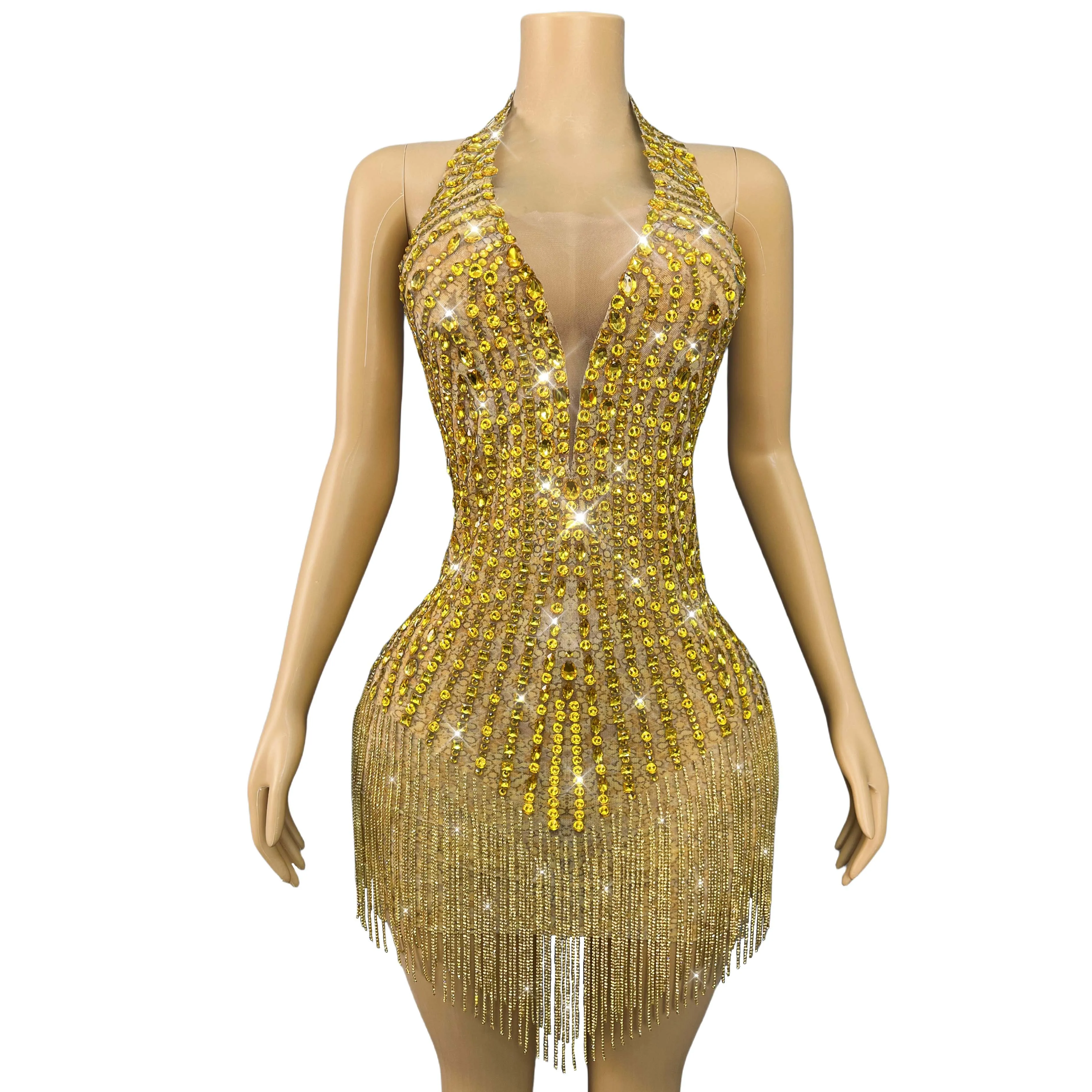 

Luxury Elegant Party Sparkly Gold Crystals Chains Sexy Halterneck Backless Dress Birthday Celebrate Evening Show OutfitJincanzi