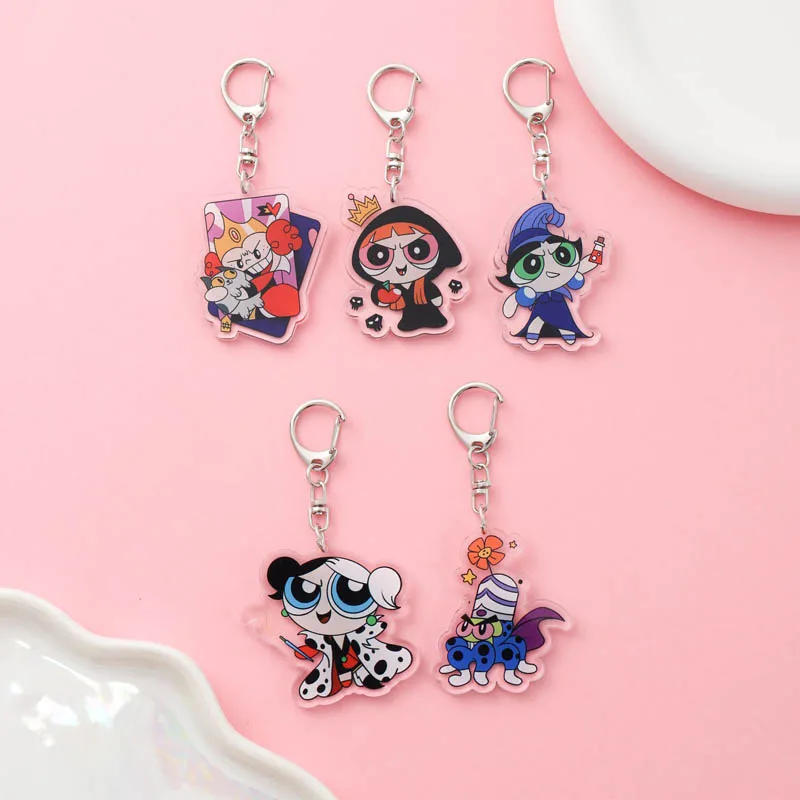 Anime The Powerpuff Girls Acrylic keychain accessaries Cartoon funny Bag Pendant cute charm Car Keyring Friends Fans Gifts