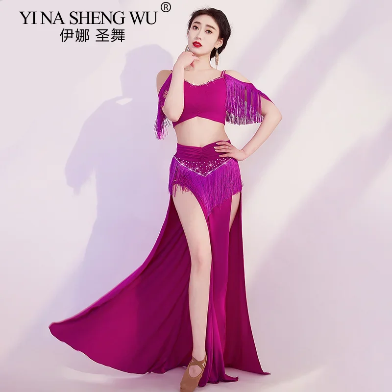 Belly Dance Costume Women Sexy Rhinestone Fringe Top And Long Skirt Set With Tassels Glitter Sleeveless Split Oriental Dance Set