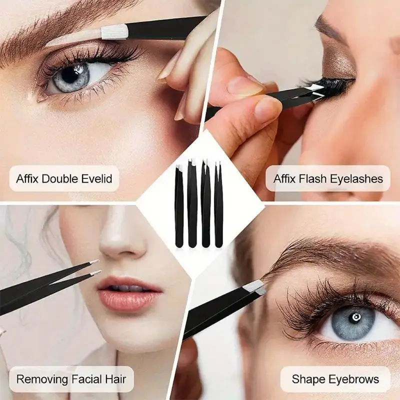 ~Stainless Steel Angled Tweezers 4pcs Set For Removing Gray Hair Beard Eyebrows Beauty Tools