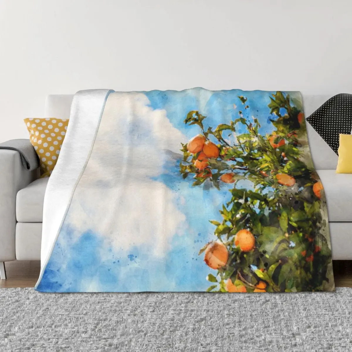 

Blue Orange Tree Watercolor Throw Blanket Giant Sofa Hair Soft Plaid manga Blankets