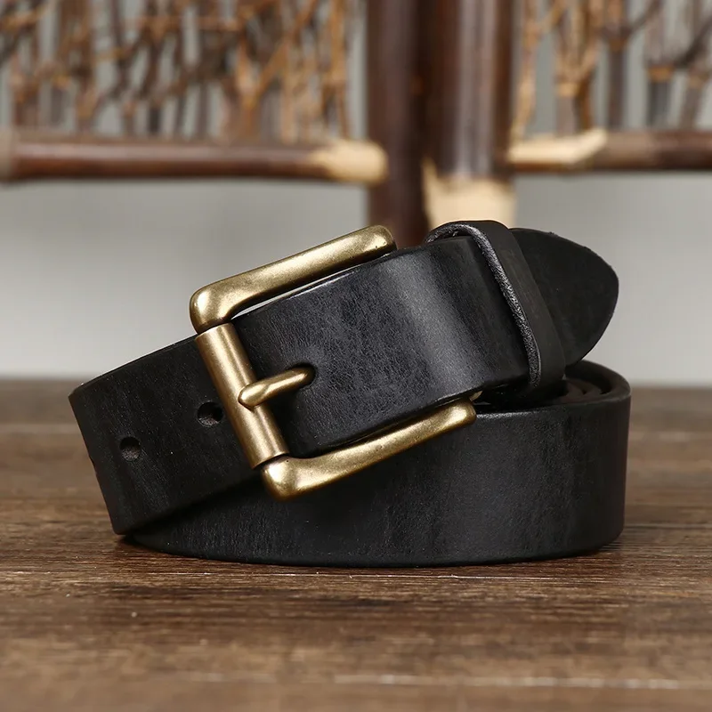 Cinturones de cuero genuino de vaca puro para hombres y mujeres, correa de marca, hebilla de latón para hombres, Jeans, diseñador de lujo, 3,3 CM