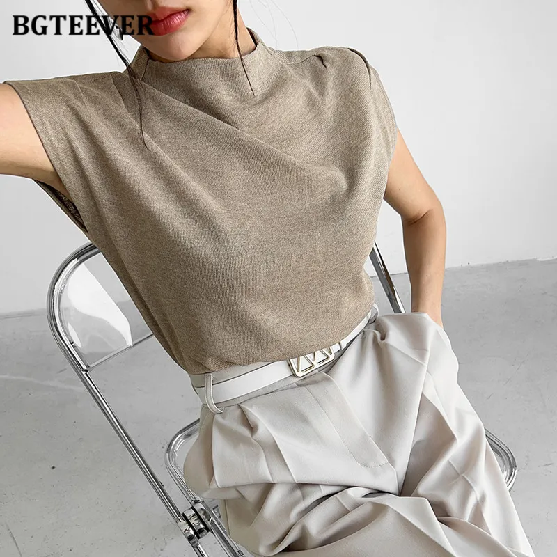 BGTEEVER Casual Knitting Cotton T-shirts for Women Sleeveless Loose O-neck Female Tees Elegant Ladies Tops Summer