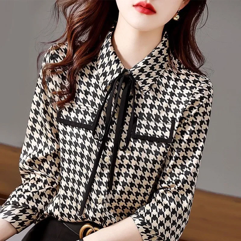 Spring Autumn Elegant Fashion Houndstooth Print Lace Up Shirt Ladies Long Sleeve Temperament All-match Blouse Femme Cardigan Top