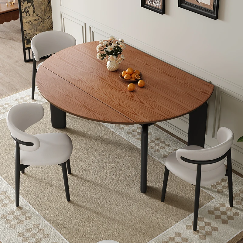 French Retro Small   Foldable Table and Chairs Extendable Round Dining Table for Small Apartments