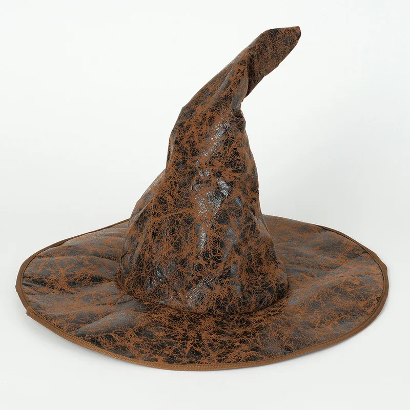 Unisex magic , brown cowhide color, Halloween costume, witch hat, retro role-playing party