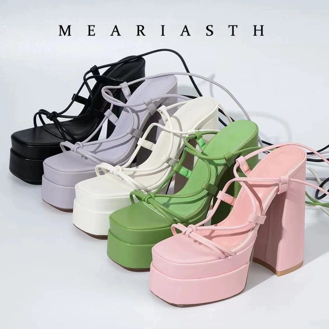 New Fashion Solid Colored Cross-tied Heels Supper High heel Platform Dressing Sandals Peep-toe Square Heel Summer Footwear