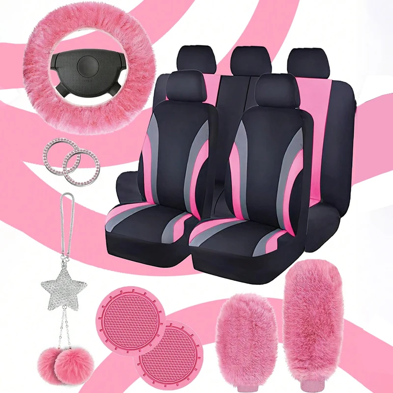 17pcs Striped Design Car Seat Cover Set, Universal Fit for Women, Including Front Seat Covers, Fluffy Steering Wheel Cover