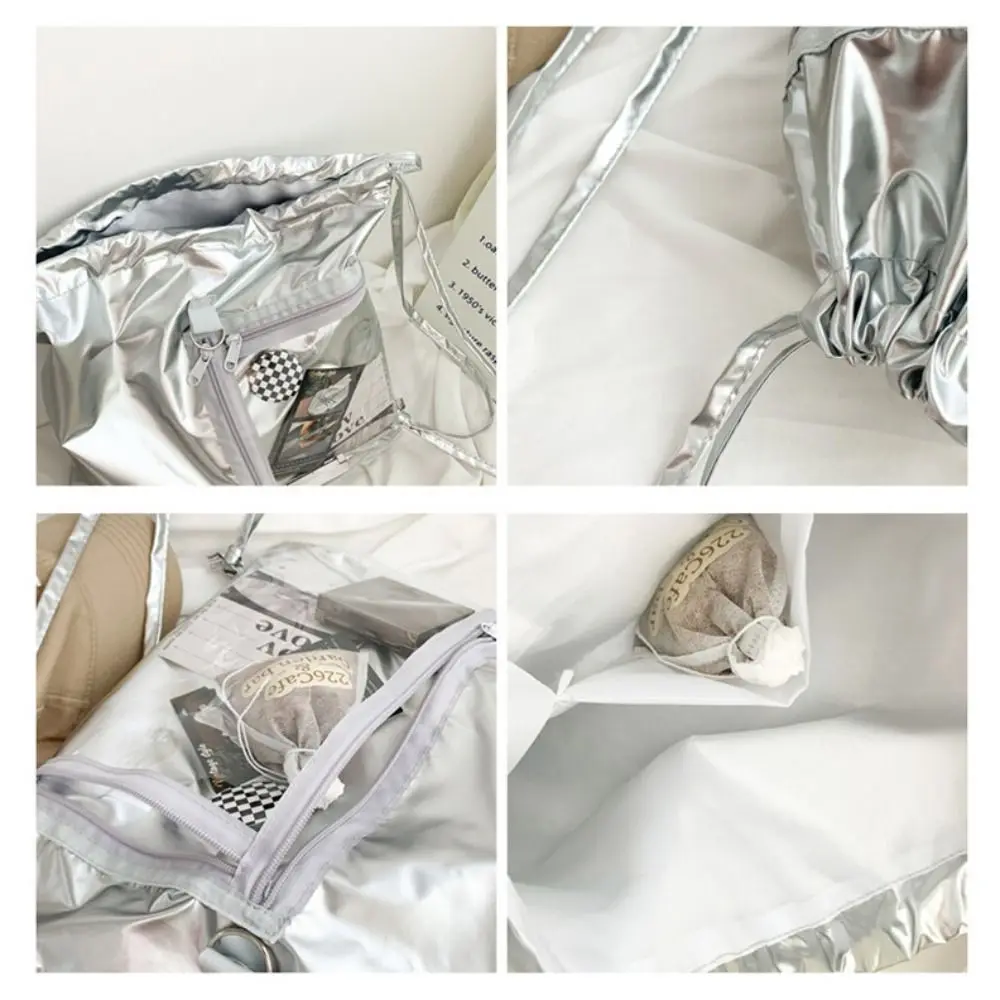 Transparenter Taschen-Rucksack mit Kordelzug, große Kapazität, silberfarbenes PU, koreanischer Stil, Itabag, modisches Design, leichte Umhängetasche