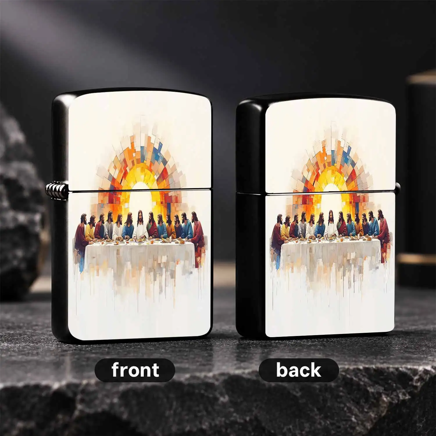 Creative Mosaic Style The Last Supper Themed , Vintage Drip Art Printed Portable Windproof, Christian Religious Cultural Collectible, Unique Gift For Men For Daily Use And Display A Fun And Humorous Lighter