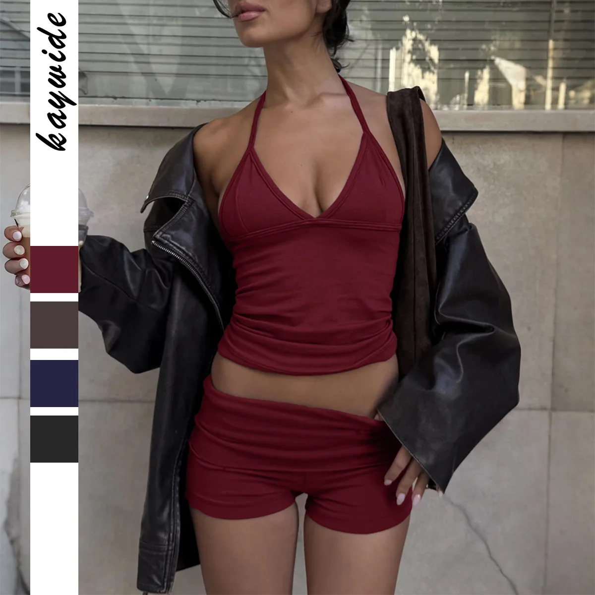 

KIDCRKJ Lady Yoga Two Piece Sets Halter Neck Ruffled Fitted Tie Closure Open-Back Female Top Elastic Waist Crop Shorts For Women