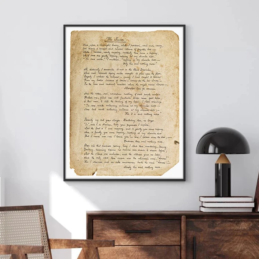 قصيدة الغراب المشارك إدغار آلان بو مخطوطة صفحة يطبع القوطية الرسم على لوحات القماش الجدارية المنزل خمر الأزهار الغراب الداكن ديكور #3