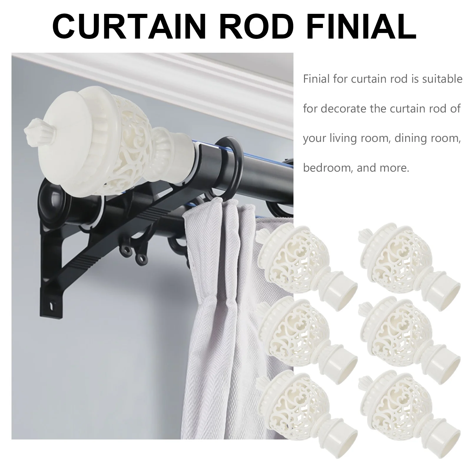 

6Pcs Curtain Rod Finials ABS Material Decorative Curtain Rod Ends Creative Chic Design for Living Room Bedroom Dining Room