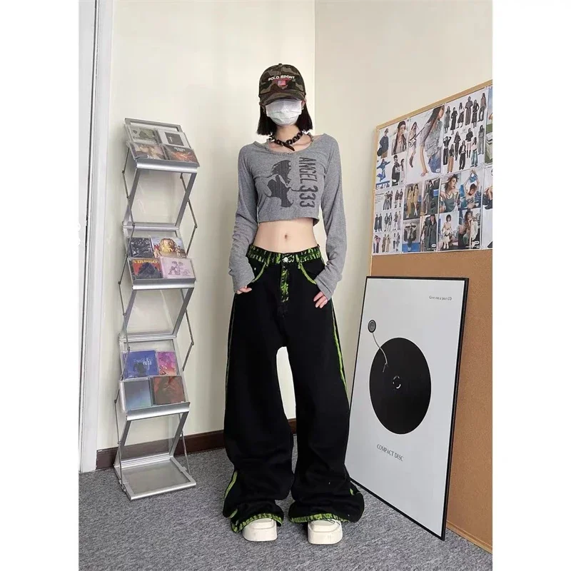 Women's Green Graffiti Line Design Wide Leg Unisex Jeans Cool Girl Fashion Bottoms Loose Denim Trousers Female High Waist Pants