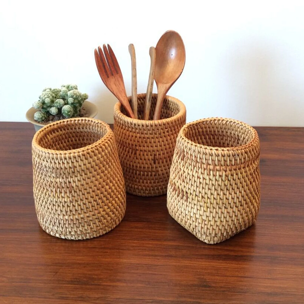 

Tea Ceremony Bucket Wicker Baskets Serving Rattan Storage Pen Container Solid Wood
