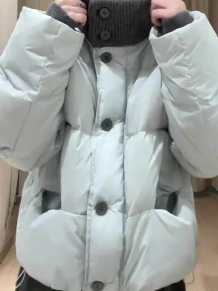 Contrasting Color Design Sense Knitted Splicing Stand-up Collar Cotton Jacket Women's Winter Thickened Warm Small