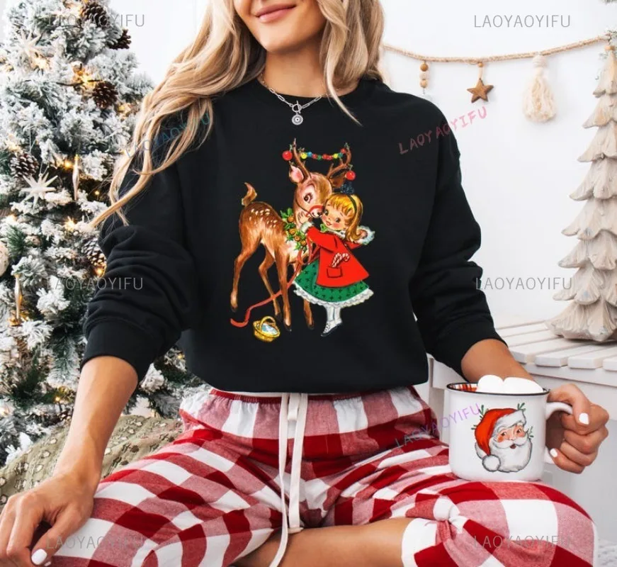

Christmas Girl Reindeer Sweatshirt Retro Christmas Hoodie Retro 1950's Xmas Jumper Xmas Party Hoodie Cute Girl Women Clothing