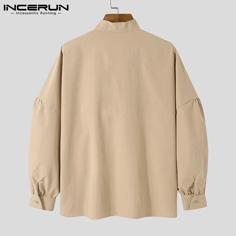 INCERUN Tops 2023 Fashion New Men Loose Long Sleeve Tie Blouse Stylish Solid Hot Sale Comfortable Casual Streetwear Shirts S-5XL