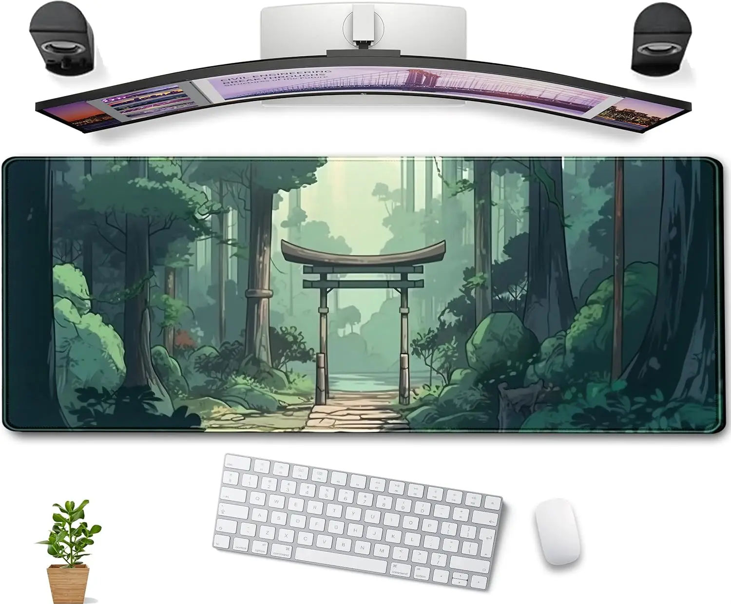 

Японский игровой коврик для мыши Green Forest XL, большой милый эстетический декор для стола, коврик для мыши для ноутбука с прошитыми краями, 31,5 x 11,8 дюйма