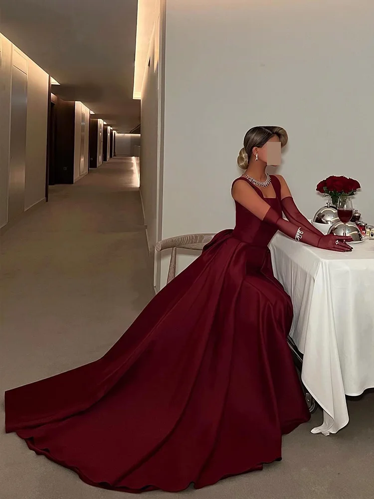 Adeli Sexy Burgundy A-Line Prom Dress Women's Saudi Square Neck Bow Party Evening Gown Floor Length Special Occasion Dresses image 3