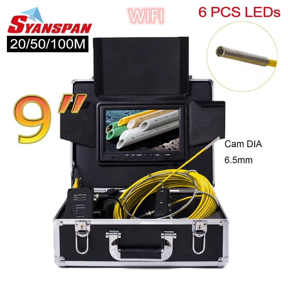 

SYANSPAN 9"Monitor 20/50/100M Pipe Inspection Video Camera, IP68 and WIFI Drain Sewer Pipeline Industrial Endoscope System 6.5mm