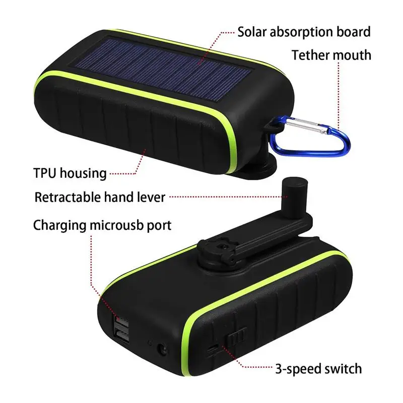 

Portable Solar Charger 10000MAh Hand Crank Charger 2 USB Ports Solar Power Bank With LED For Camping Hiking Outdoor Adventure