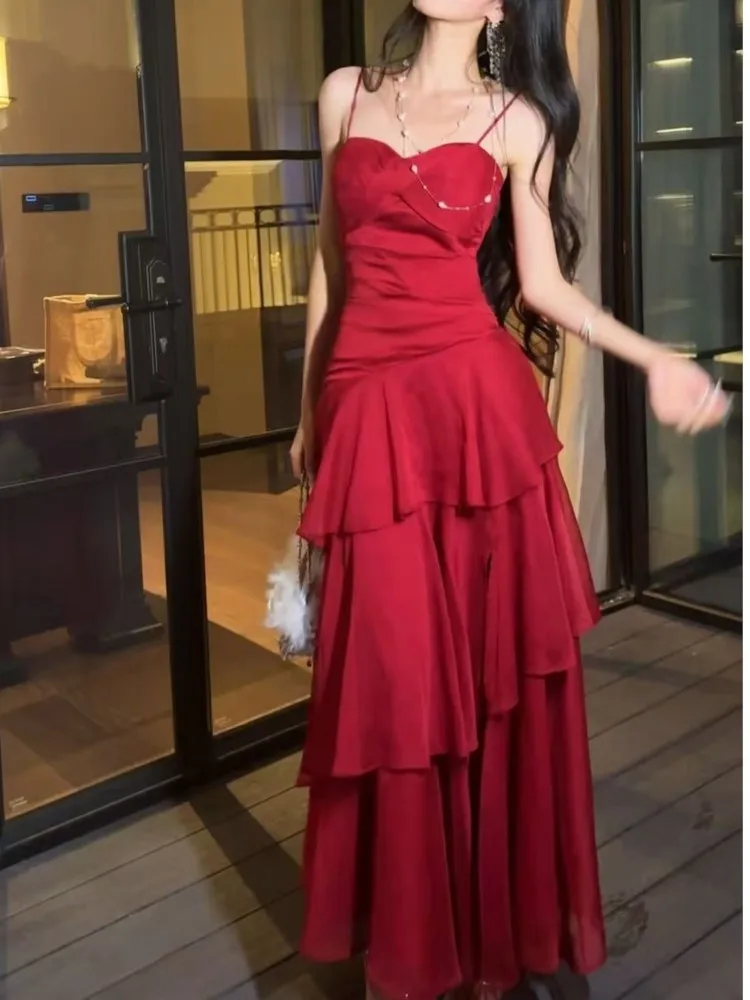 Moda elegante babados em camadas cinta de espaguete vestidos femininos a linha cintura fina chique cocktail festa vestido de noite vestido de férias