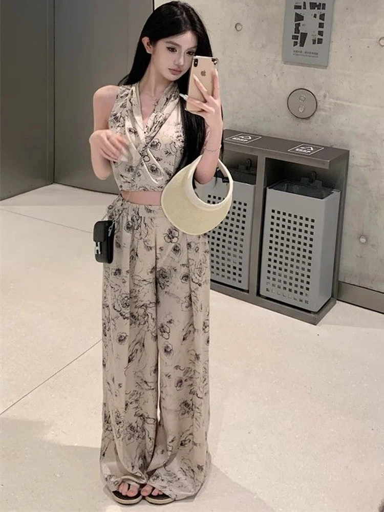 New Summer Korean Fashion Casual 2 Piece Set For Women Print Hanging Neck Top + Pants Suits Sexy Girl Two-Piece Pant Sets