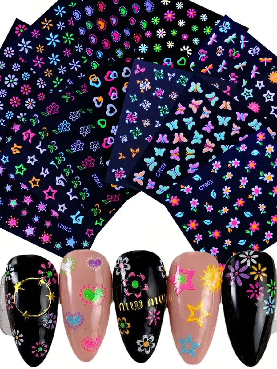 

Светящиеся в темноте неоновые наклейки для ногтей, блестящие глянцевые самоклеящиеся наклейки для дизайна ногтей, бабочка, сердце, цветок, декор для дизайна ногтей