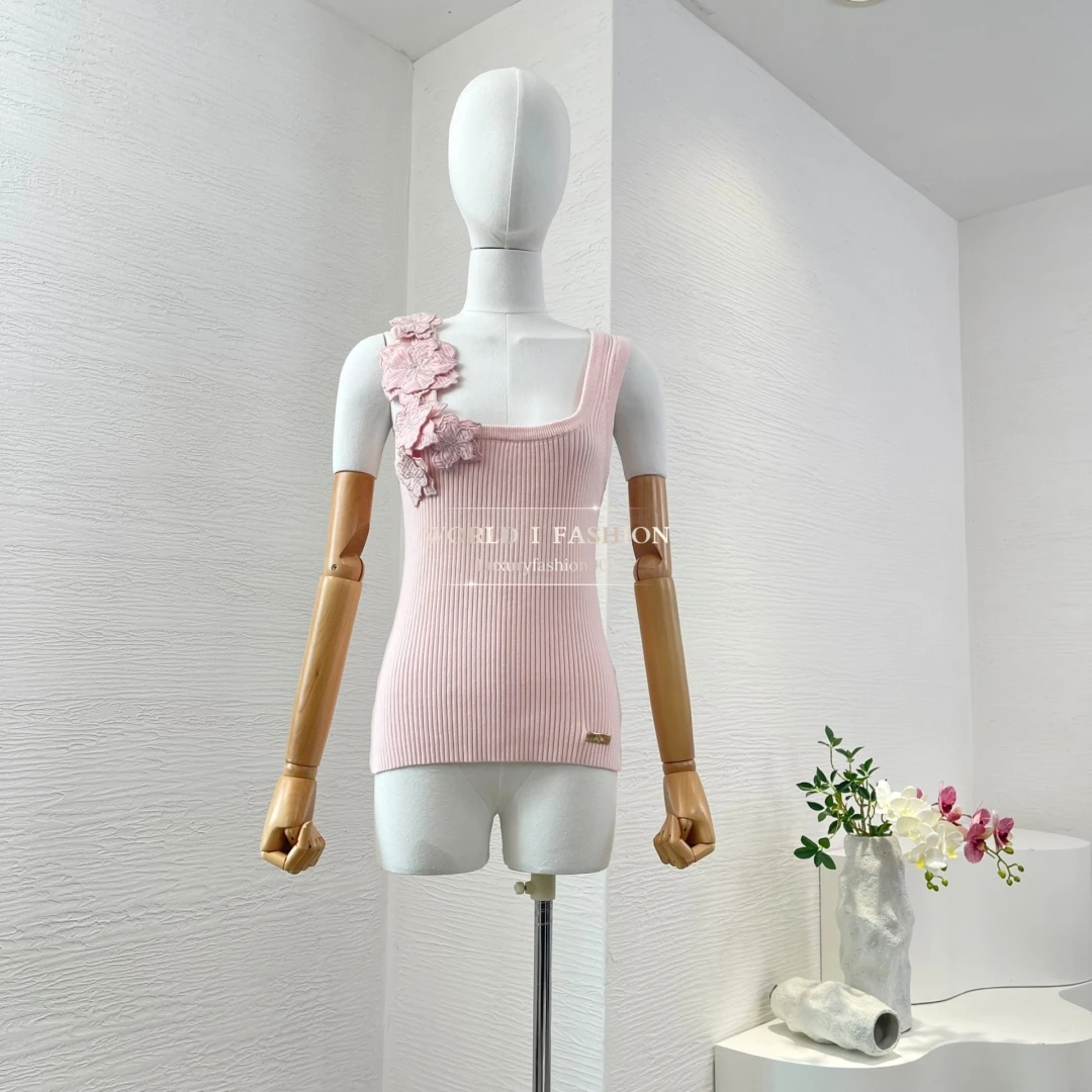 

Woman Clothing Pink Embroidery Flowers Knit Sleeveless Vest Tops