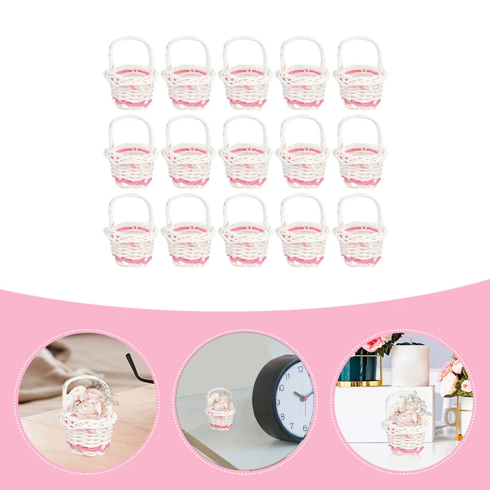 

15pcs Rattan Shopping Basket Woven White Mini Baskets for Flower Storage Display Photo Props Portable Handle Small Size