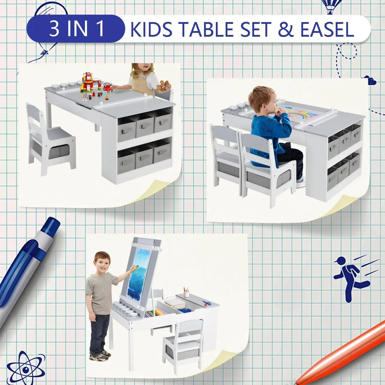 3 in 1 Kids Art Table & Chair Set, Wood Children Activity Table, 6 Storage Bins, Paper Roll, Paint Cups, Playroom, Grey