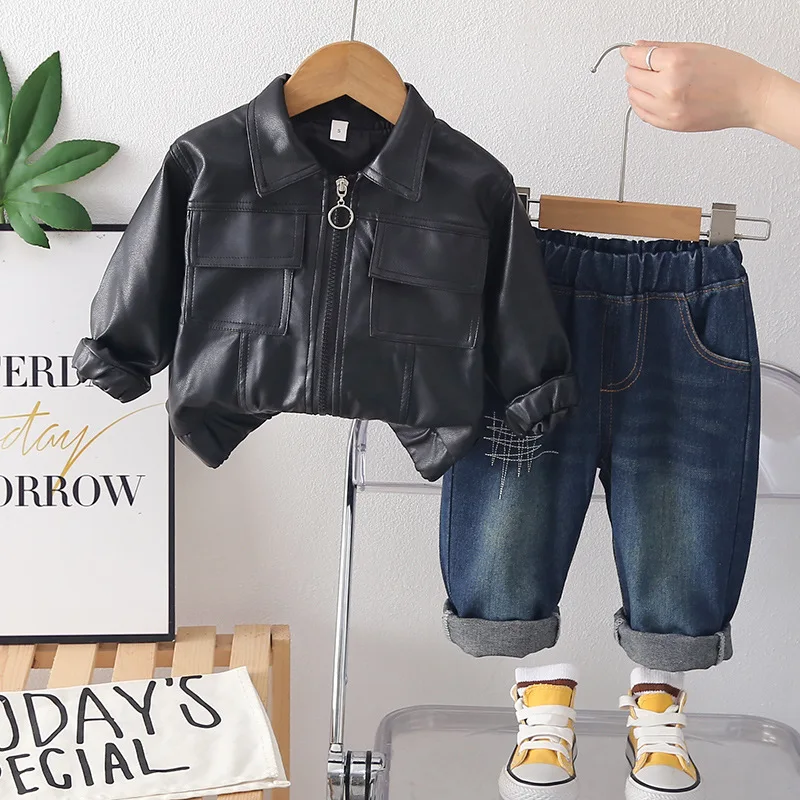 2026-new-kids-faux-leather-jacket-set-toddler-boy-motorcycle-coat-washed-jeans-casual-streetwear-outfit-for-spring-autumn