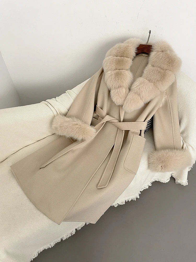 2025 inverno feminino real pele de raposa lã mistura casaco elegante jaqueta ondulações de água x-long solto turn-down colarinho outerwear
